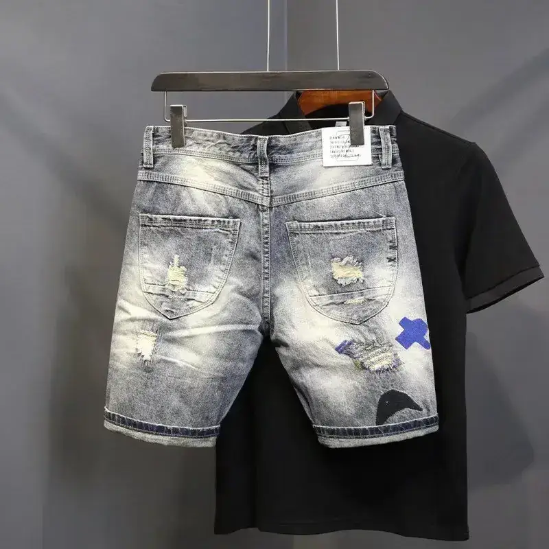 Men's Starry Denim Shorts Light Blue Ripped 5-Piece