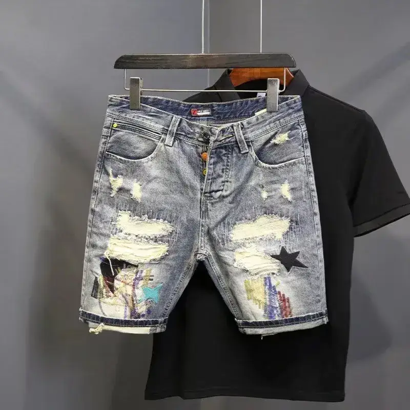 Men's Starry Denim Shorts Light Blue Ripped 5-Piece