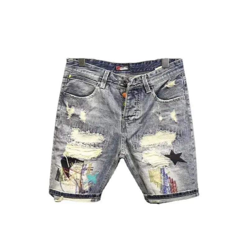 Men's Starry Denim Shorts Light Blue Ripped 5-Piece