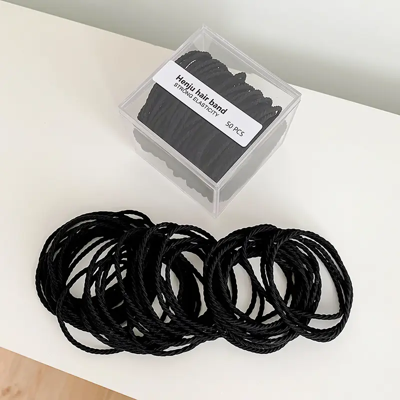 Black Hair Rope Threaded Ponytail Band 50 Pcs