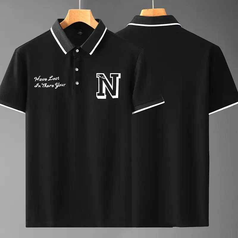 Men Black Navy Logo Polo Shirt with Printed Design - Image 7