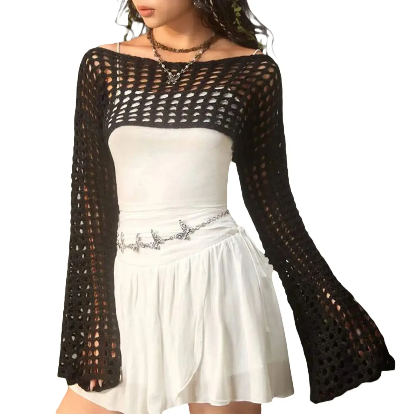 Green Hollow Crewneck Sunscreen Blouse for Women - Image 2