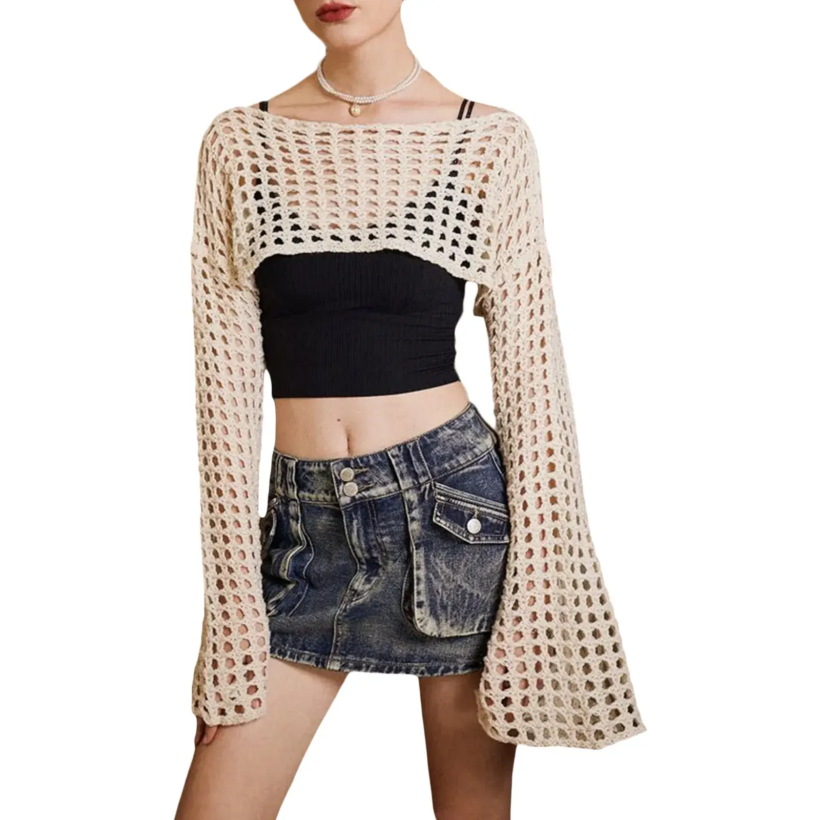 Green Hollow Crewneck Sunscreen Blouse for Women - Image 3