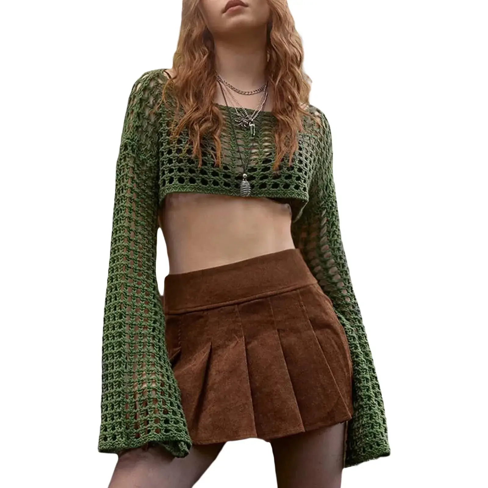 Green Hollow Crewneck Sunscreen Blouse for Women — feature 10