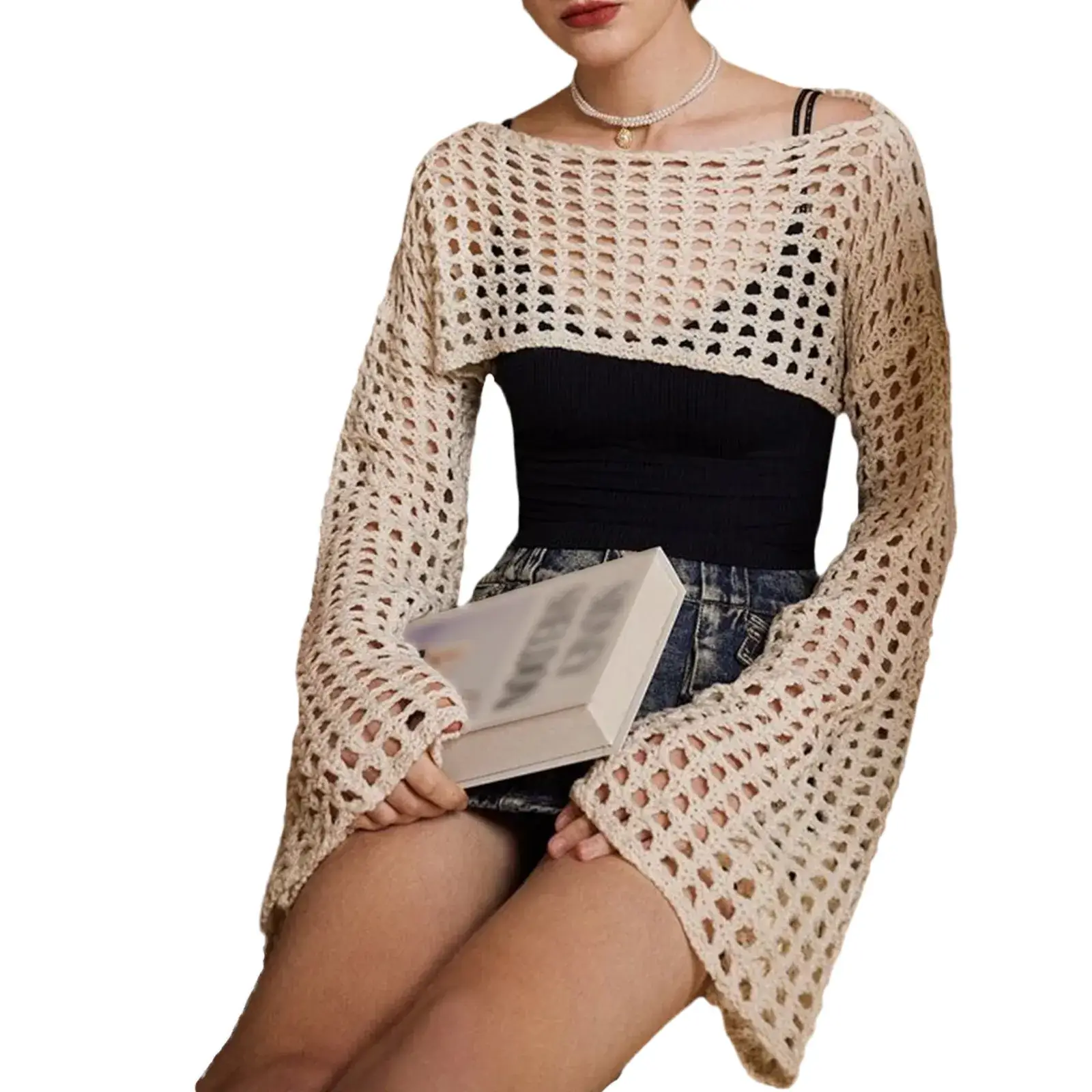 Green Hollow Crewneck Sunscreen Blouse for Women — feature 12