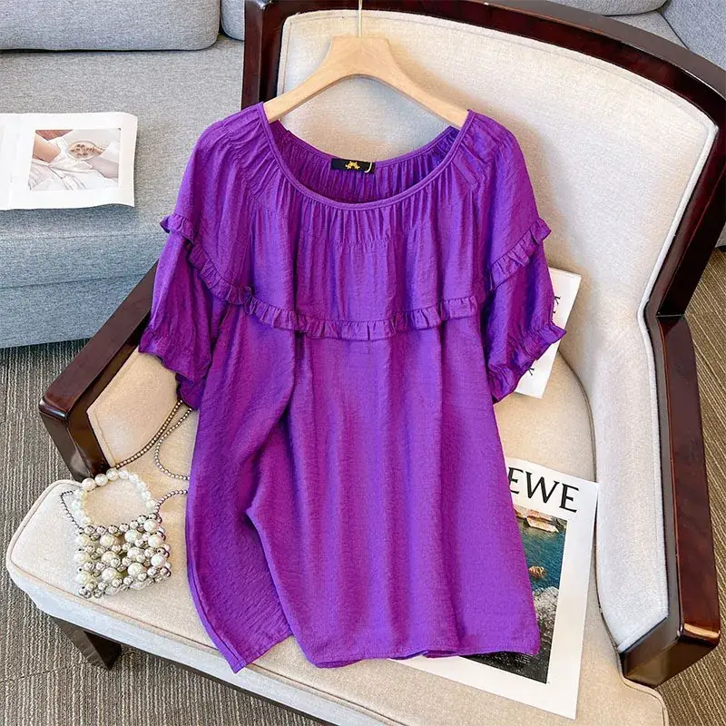 Women's Purple Loose Lotus Leaf T-Shirt Large 2023 Summer - Image 2