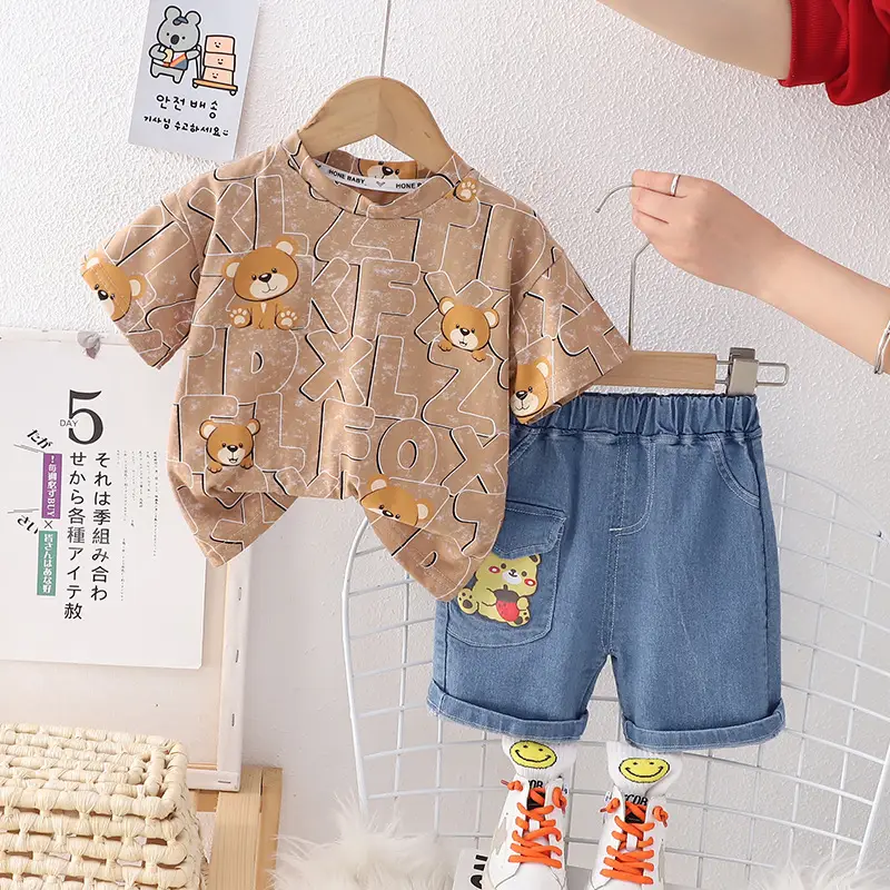 Children Cotton Bear Print Short Sleeve Suit Summer Boys