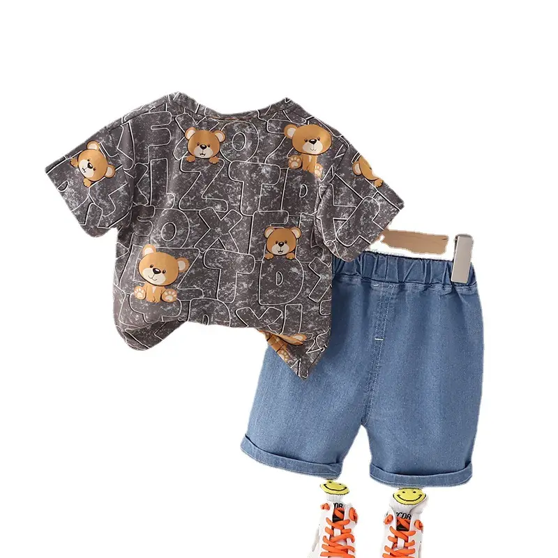 Children Cotton Bear Print Short Sleeve Suit Summer Boys
