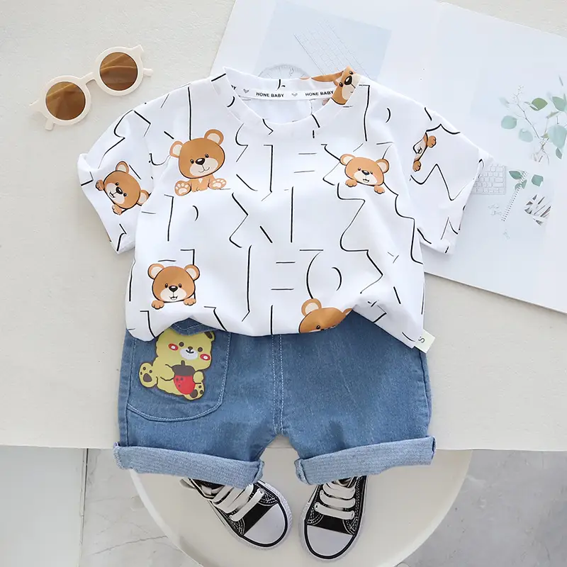 Children Cotton Bear Print Short Sleeve Suit Summer Boys — feature 2