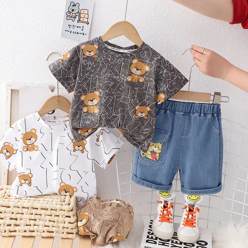 Children Cotton Bear Print Short Sleeve Suit Summer Boys — feature 9