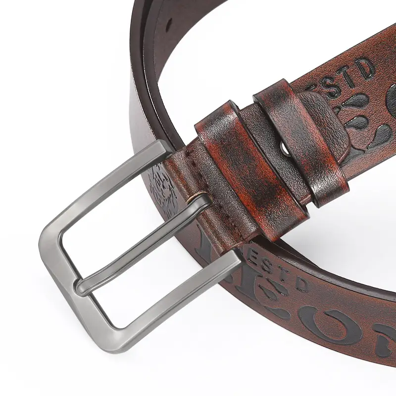 Men's Black Leather Belt with Silver Buckle 4.0U - Image 7