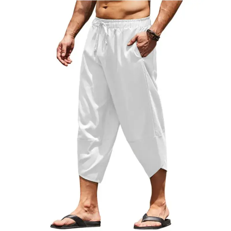 Men Cotton Linen Drawstring Cropped Shorts Solid Color — feature 2