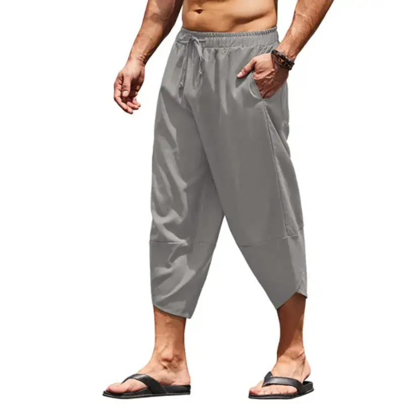 Men Cotton Linen Drawstring Cropped Shorts Solid Color - Image 2