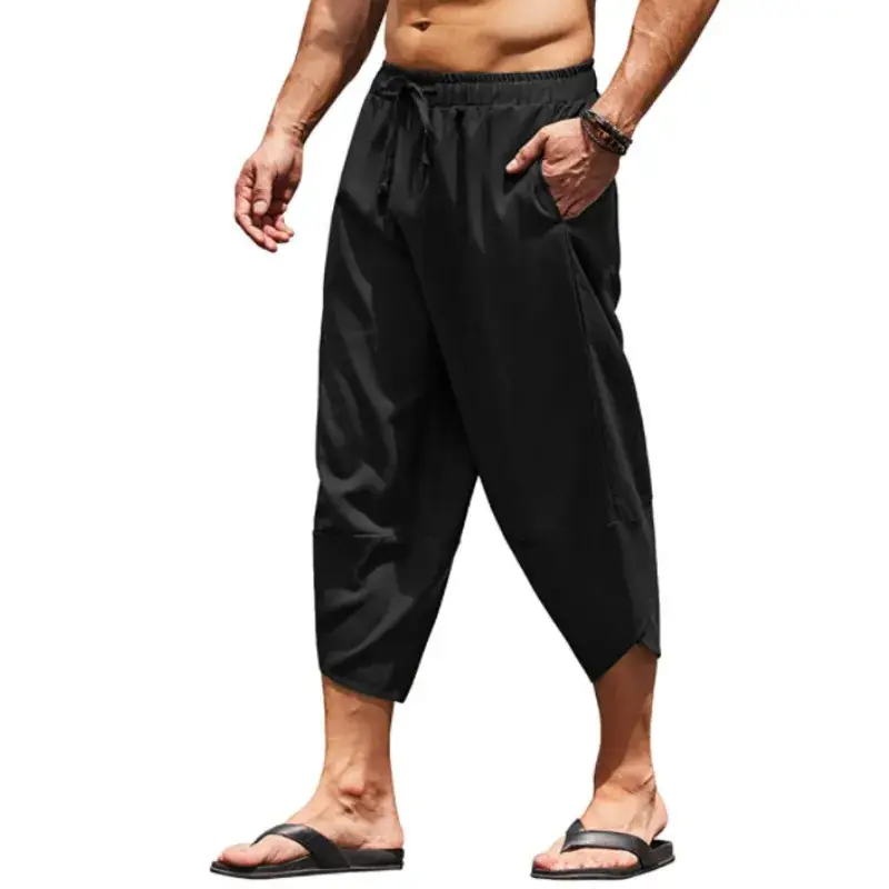 Men Cotton Linen Drawstring Cropped Shorts Solid Color - Image 3