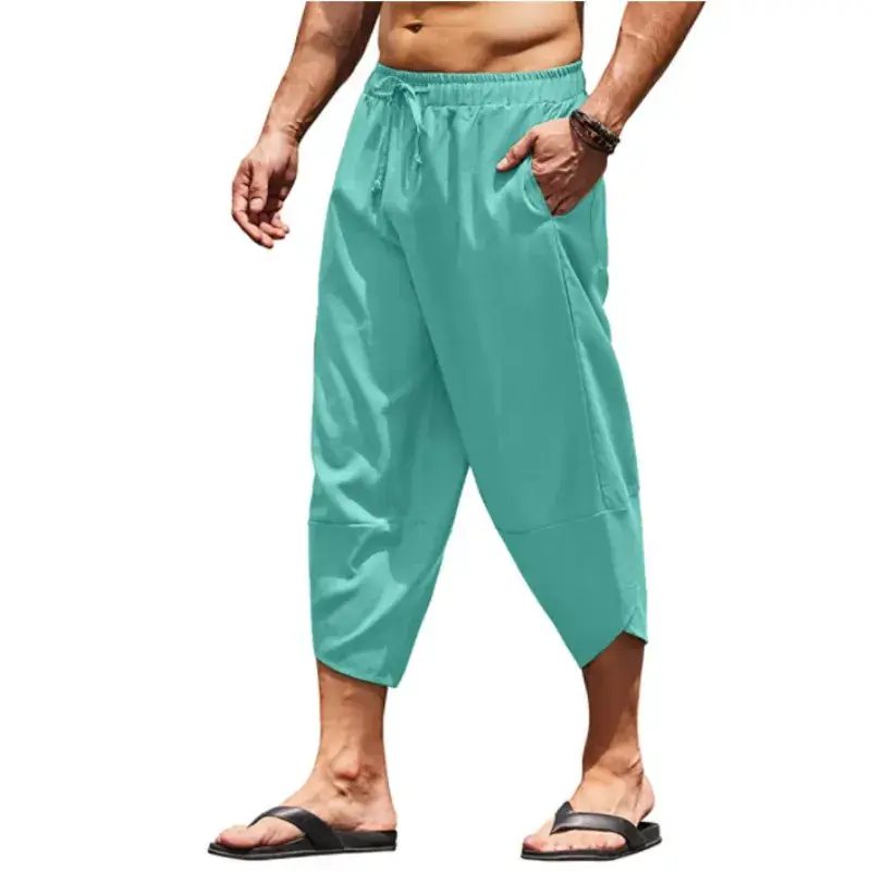 Men Cotton Linen Drawstring Cropped Shorts Solid Color - Image 4