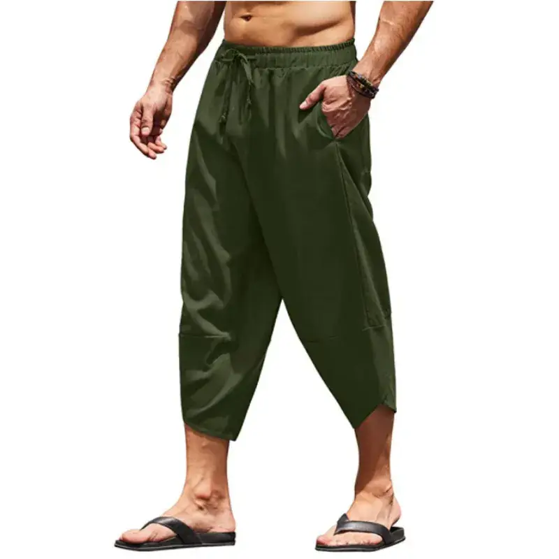 Men Cotton Linen Drawstring Cropped Shorts Solid Color - Image 6