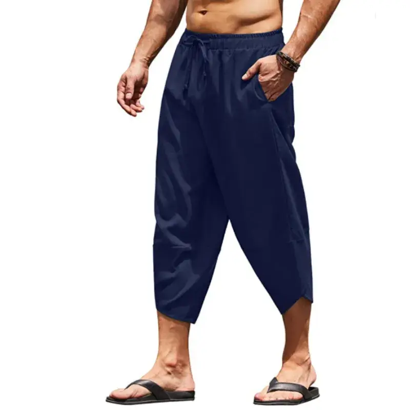 Men Cotton Linen Drawstring Cropped Shorts Solid Color - Image 7