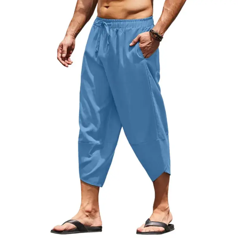 Men Cotton Linen Drawstring Cropped Shorts Solid Color - Image 8