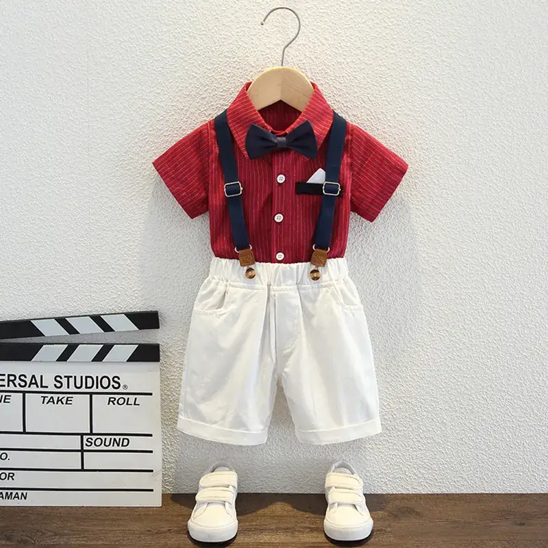 Boys Red Striped Shirt with Bow Tie & Strap Shorts Set - Image 2