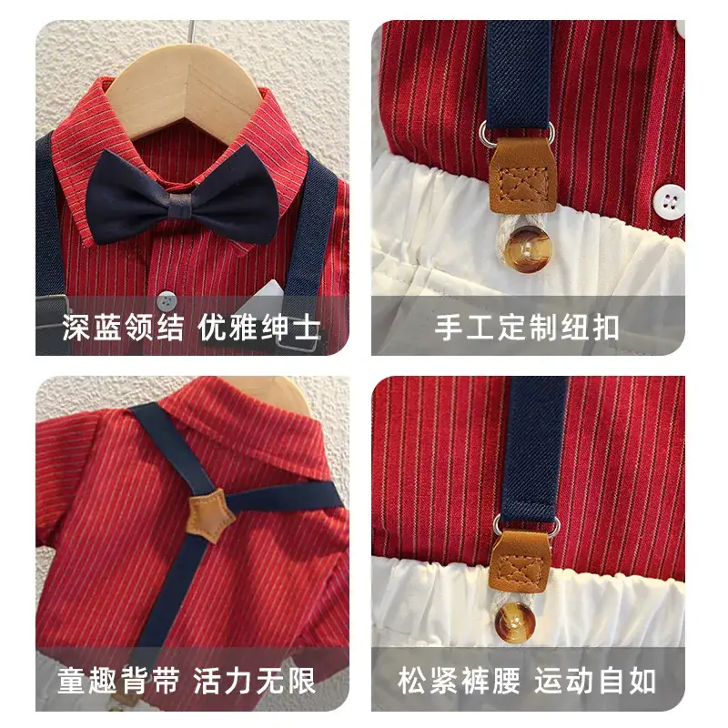 Boys Red Striped Shirt with Bow Tie & Strap Shorts Set - Image 5