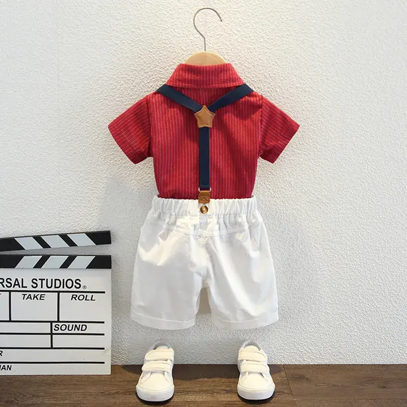 Boys Red Striped Shirt with Bow Tie & Strap Shorts Set - Image 6