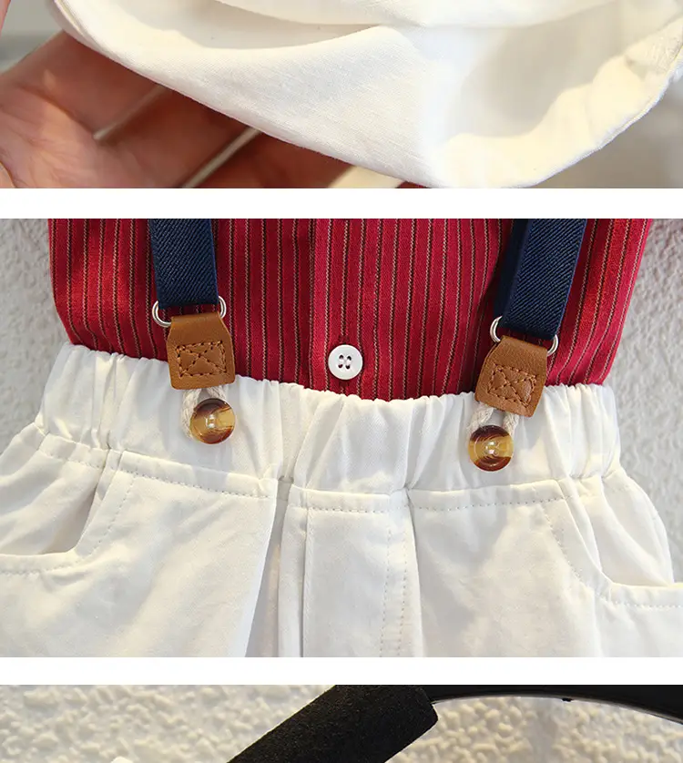 Boys Red Striped Shirt with Bow Tie & Strap Shorts Set — feature 11