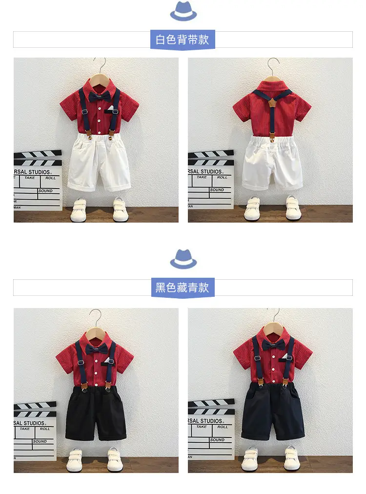Boys Red Striped Shirt with Bow Tie & Strap Shorts Set — feature 4