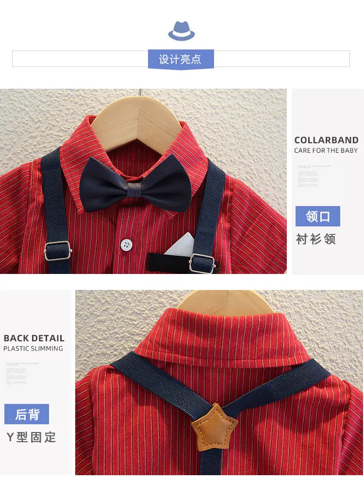 Boys Red Striped Shirt with Bow Tie & Strap Shorts Set — feature 5