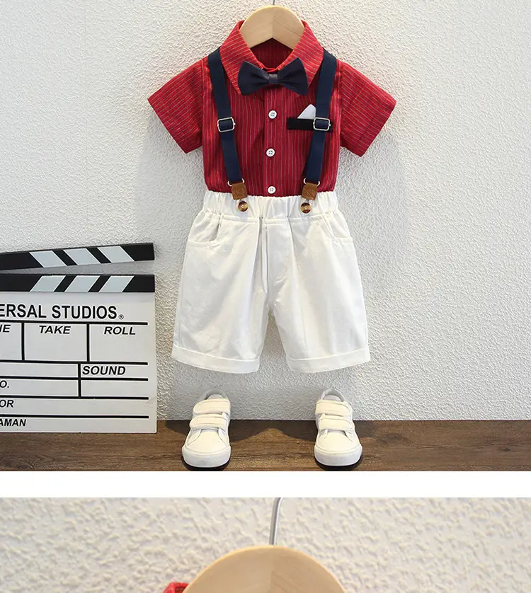Boys Red Striped Shirt with Bow Tie & Strap Shorts Set — feature 8