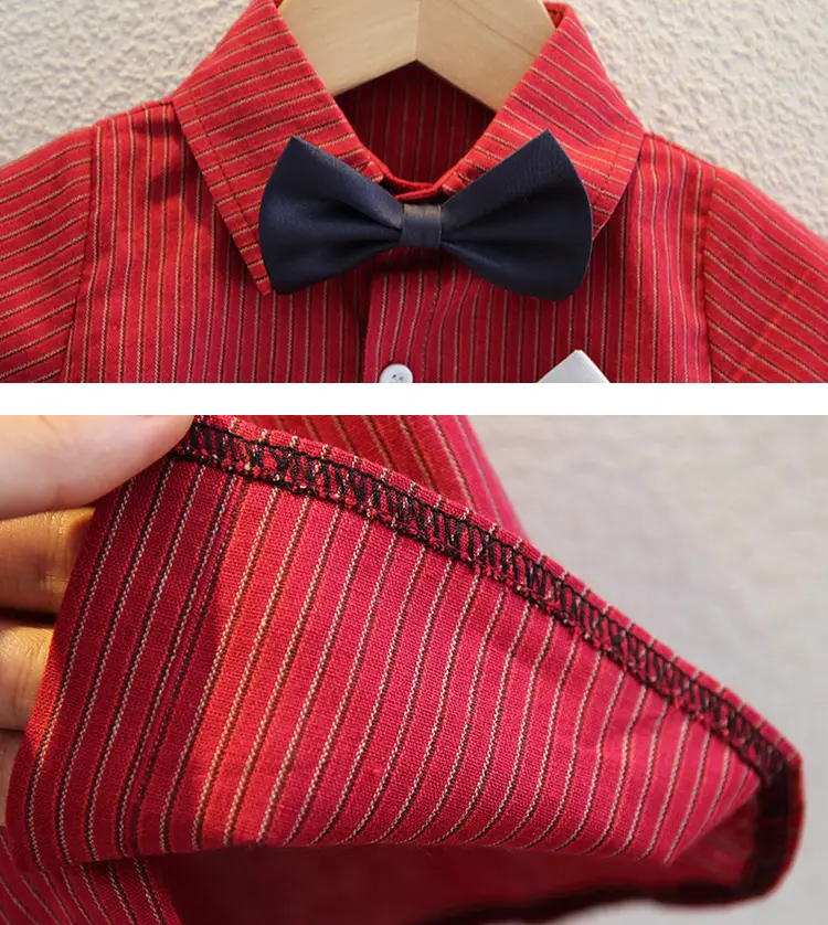 Boys Red Striped Shirt with Bow Tie & Strap Shorts Set — feature 9