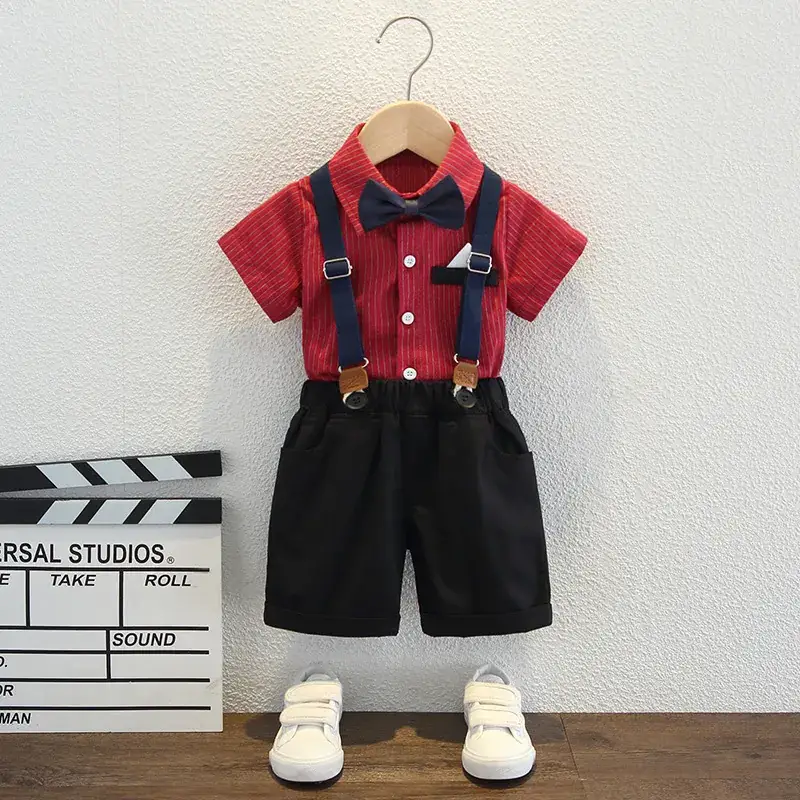 Boys Red Striped Shirt with Bow Tie & Strap Shorts Set - Image 3