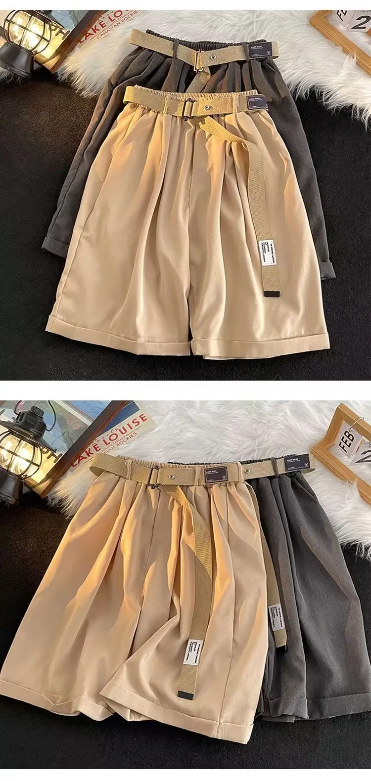 Japanese-style Shorts Men Loose Brown Belted — feature 5