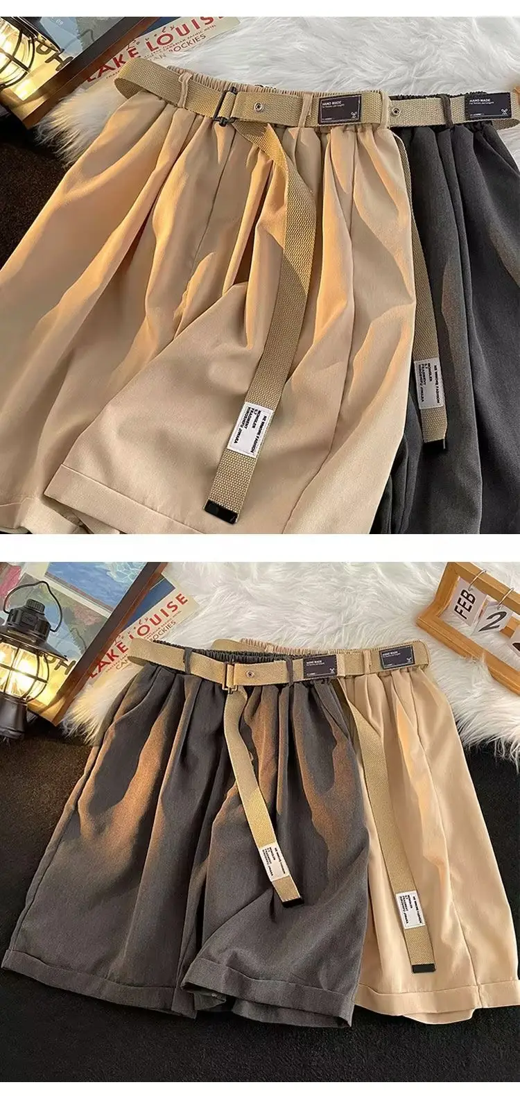 Japanese-style Shorts Men Loose Brown Belted — feature 6