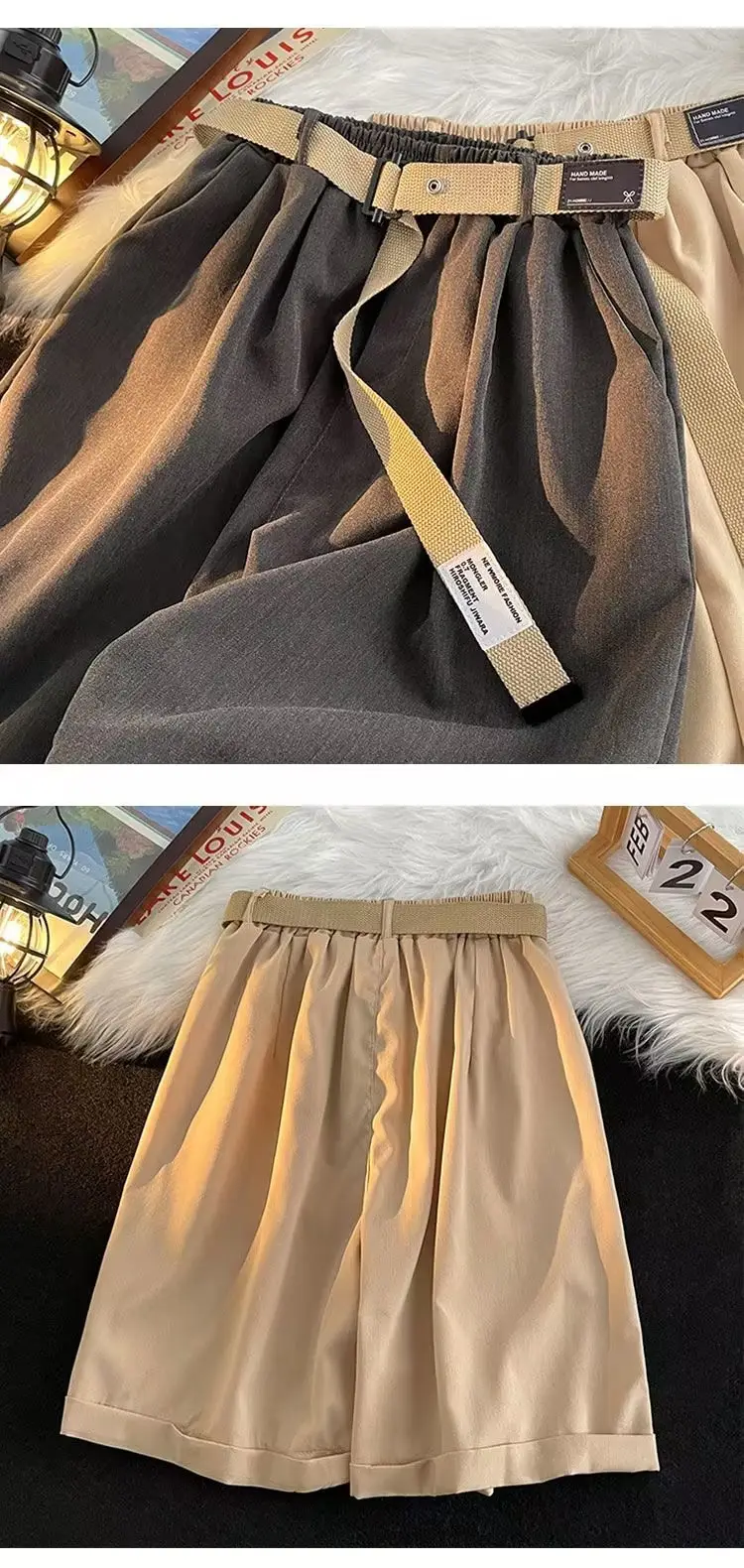 Japanese-style Shorts Men Loose Brown Belted — feature 7