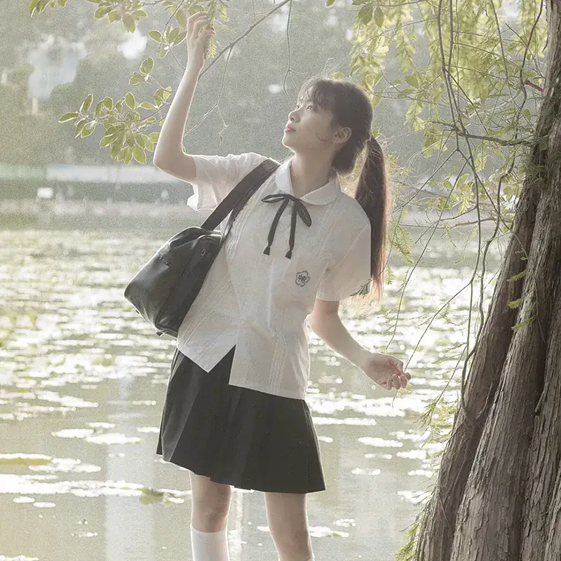 White Shirt & Black Organ Pleated Skirt Set - Image 19
