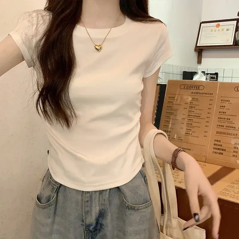 Women Slimming White Crewneck T-Shirt Short Sleeve - Image 7