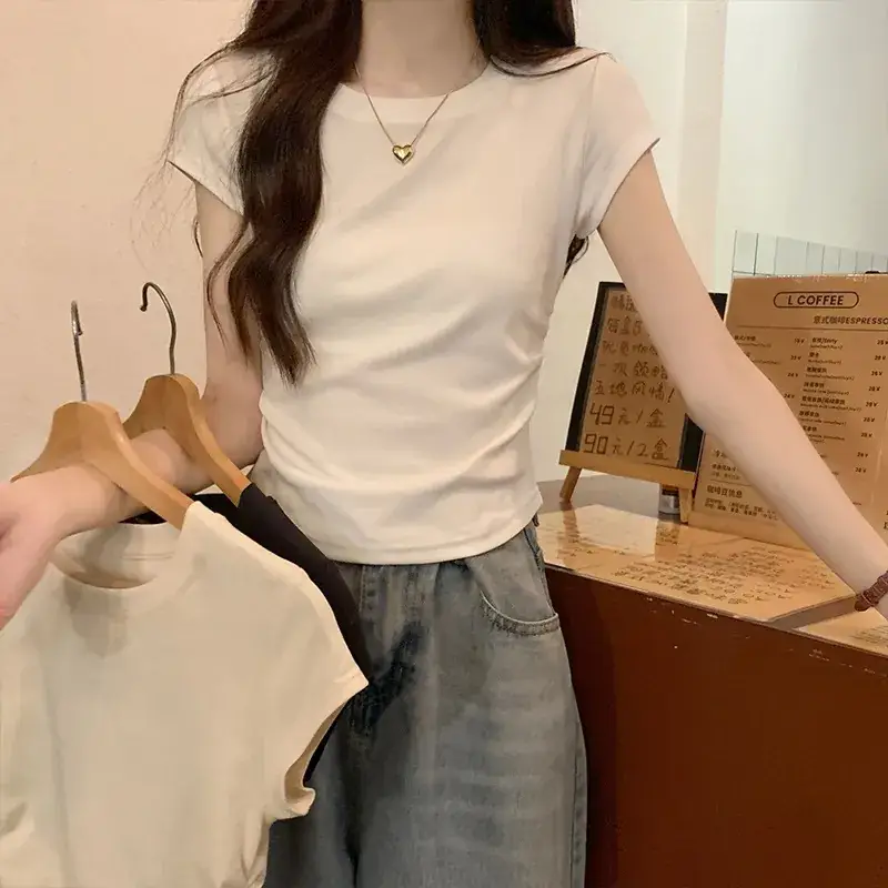 Women Slimming White Crewneck T-Shirt Short Sleeve - Image 8