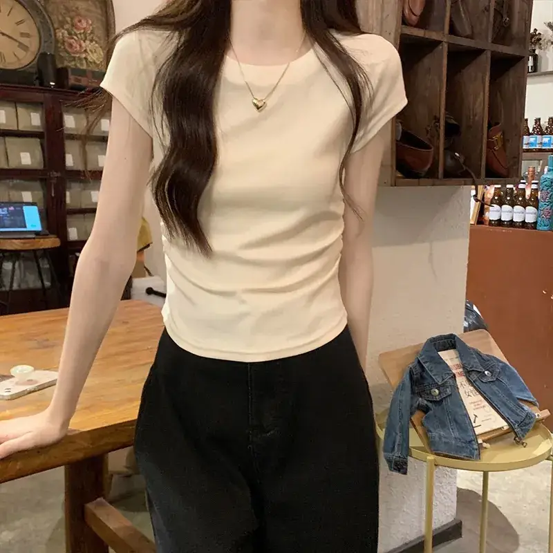 Women Slimming White Crewneck T-Shirt Short Sleeve - Image 9