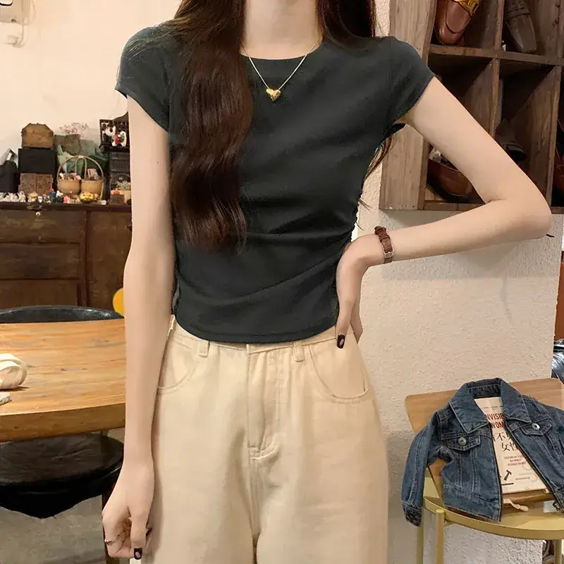 Women Slimming White Crewneck T-Shirt Short Sleeve - Image 10