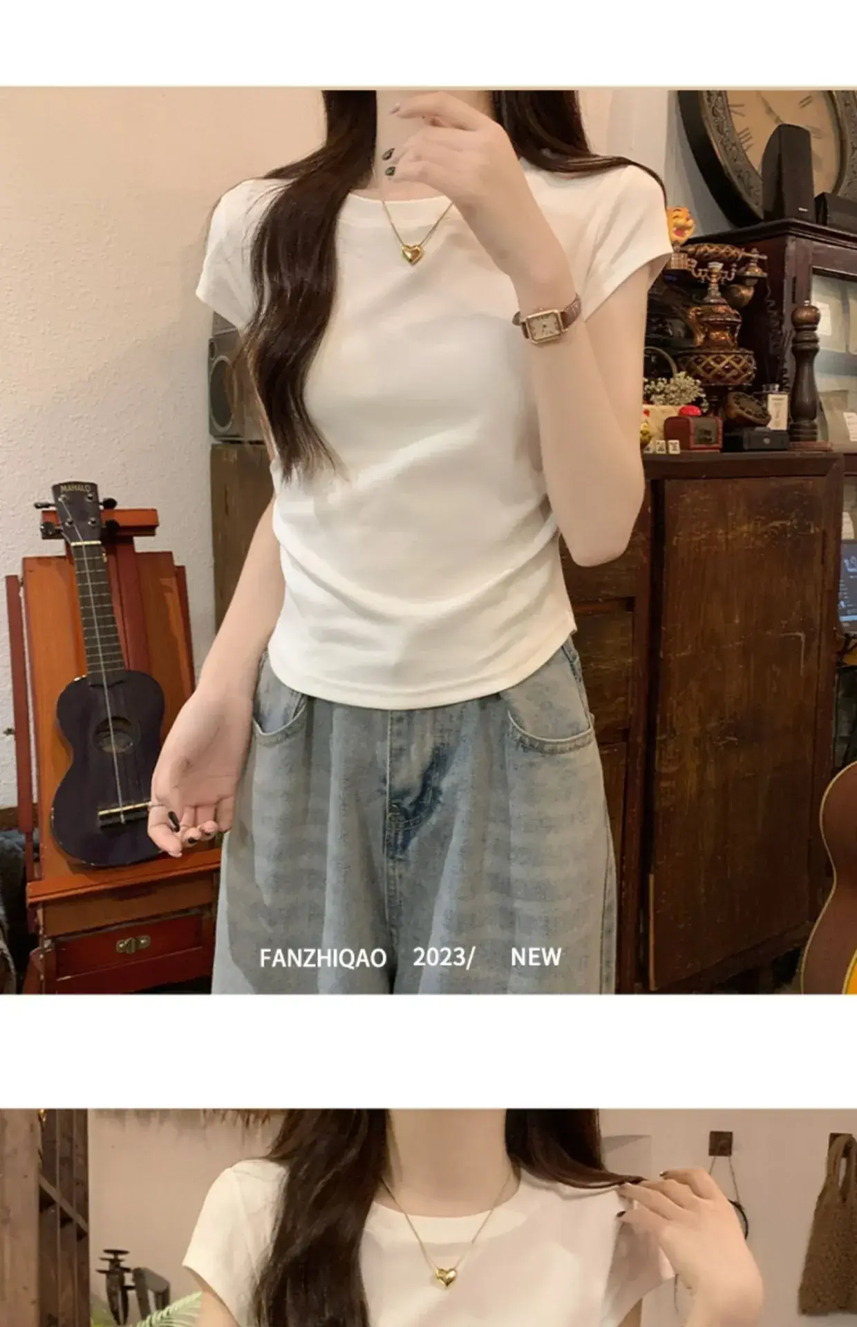 Women Slimming White Crewneck T-Shirt Short Sleeve — feature 12