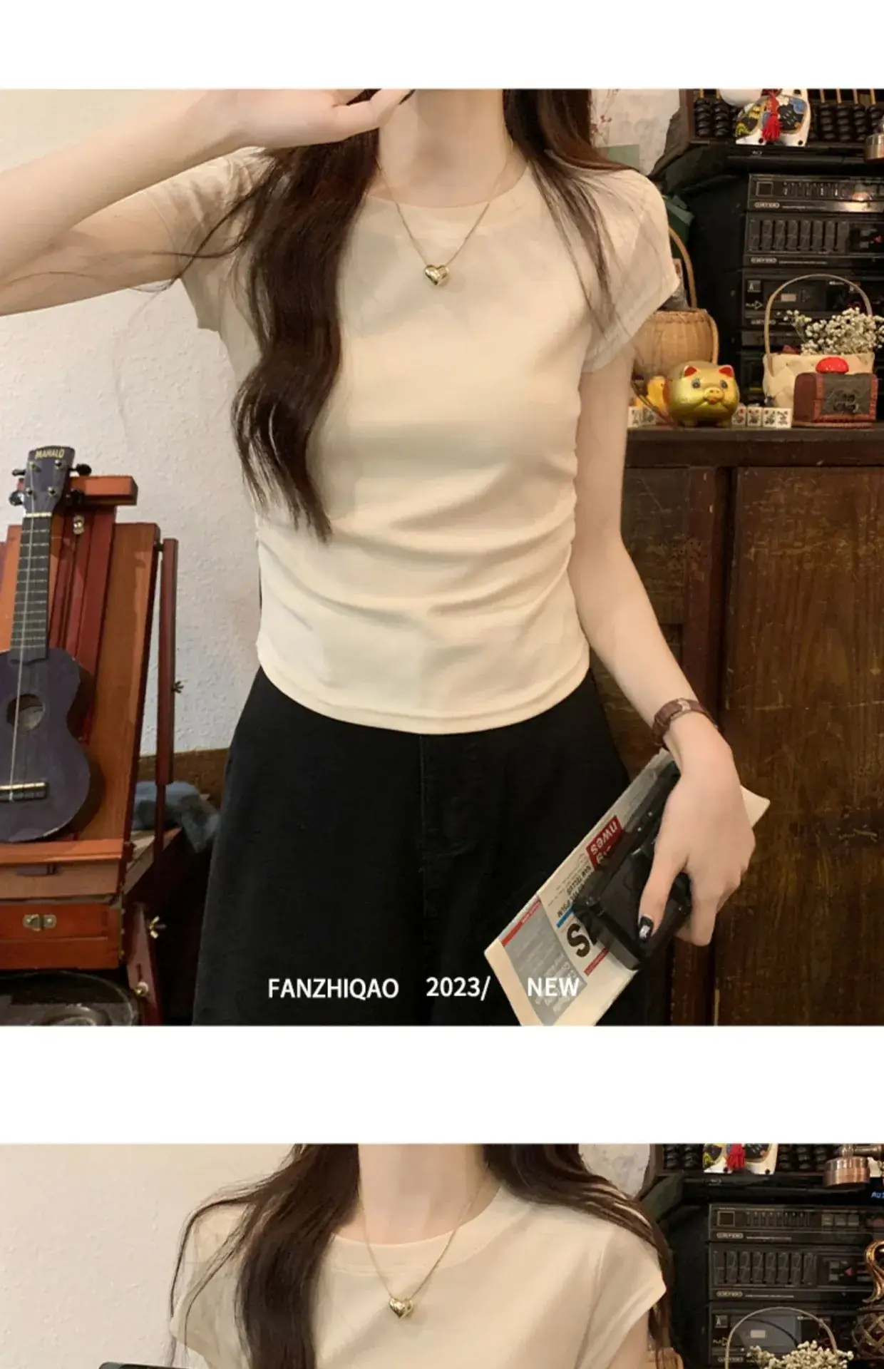 Women Slimming White Crewneck T-Shirt Short Sleeve — feature 16