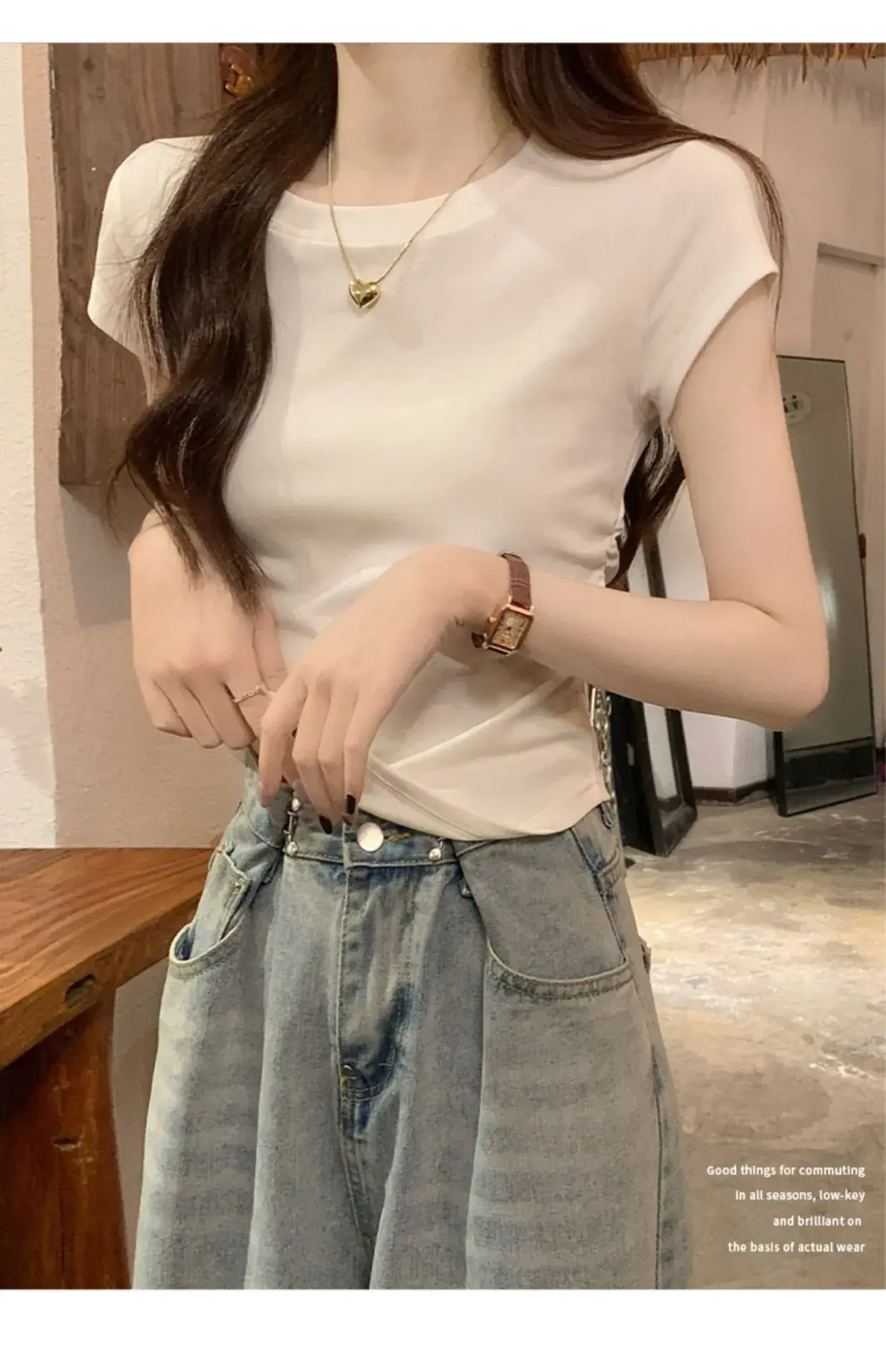 Women Slimming White Crewneck T-Shirt Short Sleeve — feature 8