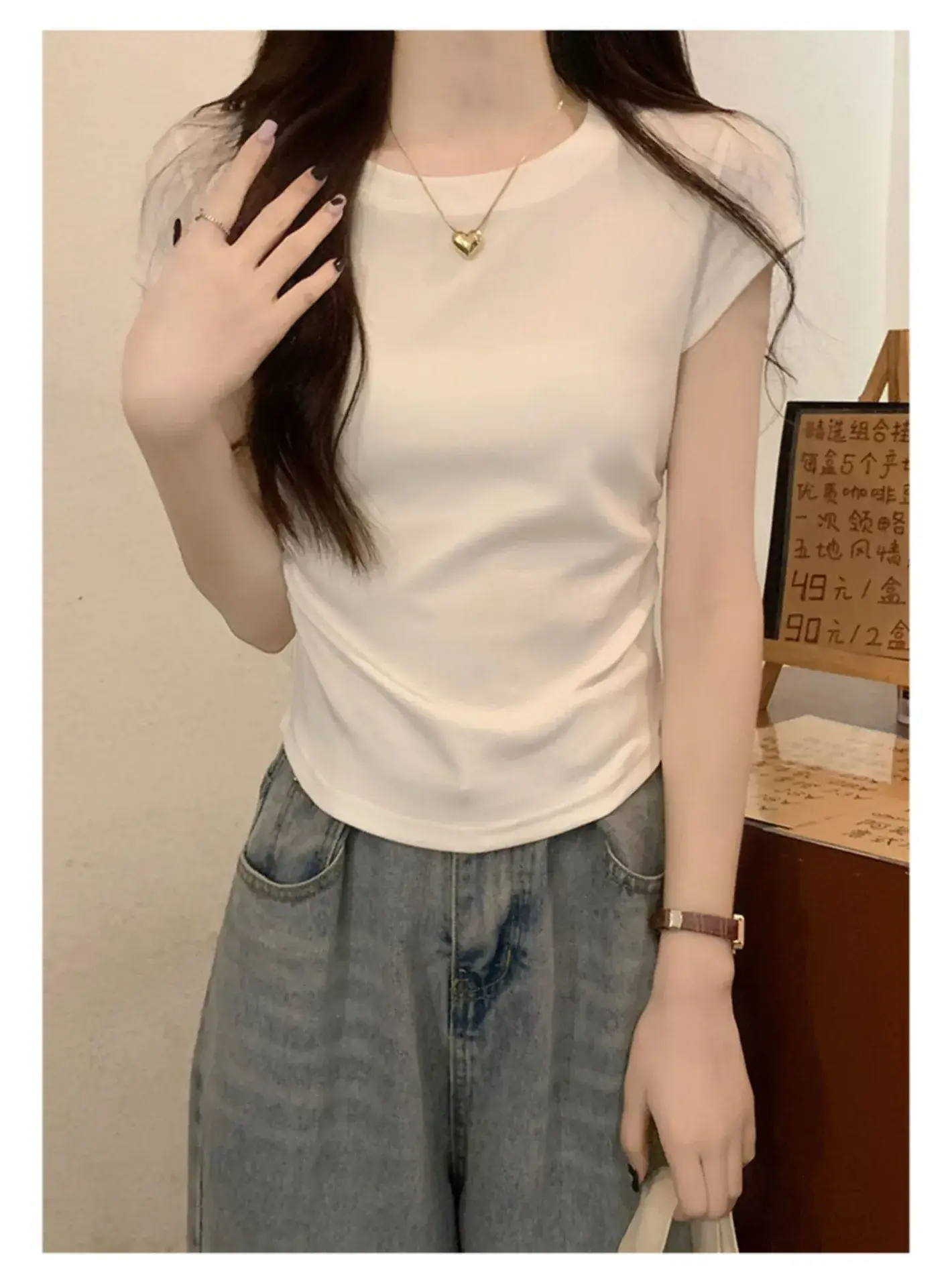 Women Slimming White Crewneck T-Shirt Short Sleeve — feature 9