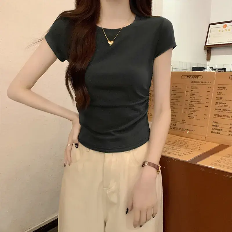 Women Slimming White Crewneck T-Shirt Short Sleeve - Image 3