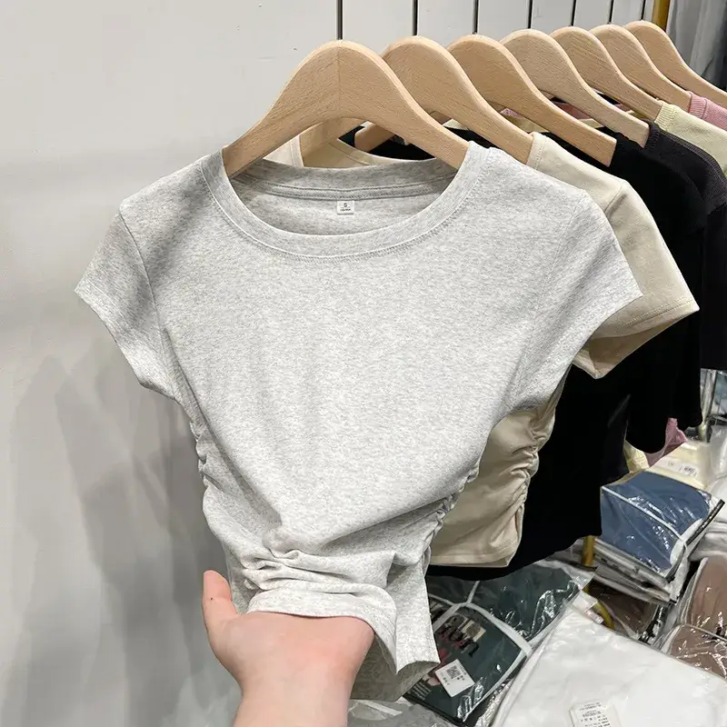 Women Slimming White Crewneck T-Shirt Short Sleeve - Image 4