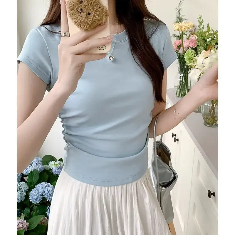 Women Slimming White Crewneck T-Shirt Short Sleeve - Image 5