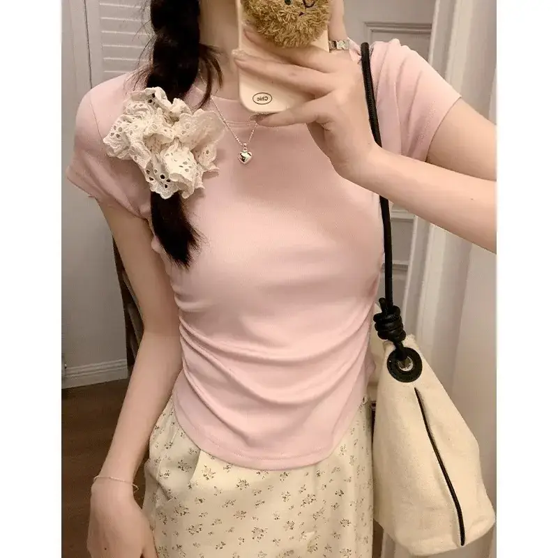 Women Slimming White Crewneck T-Shirt Short Sleeve - Image 6