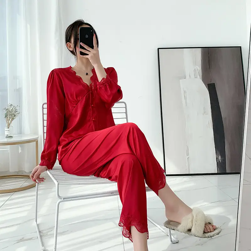 Red Satin Long Sleeve Silk Pajama for Women - Image 2