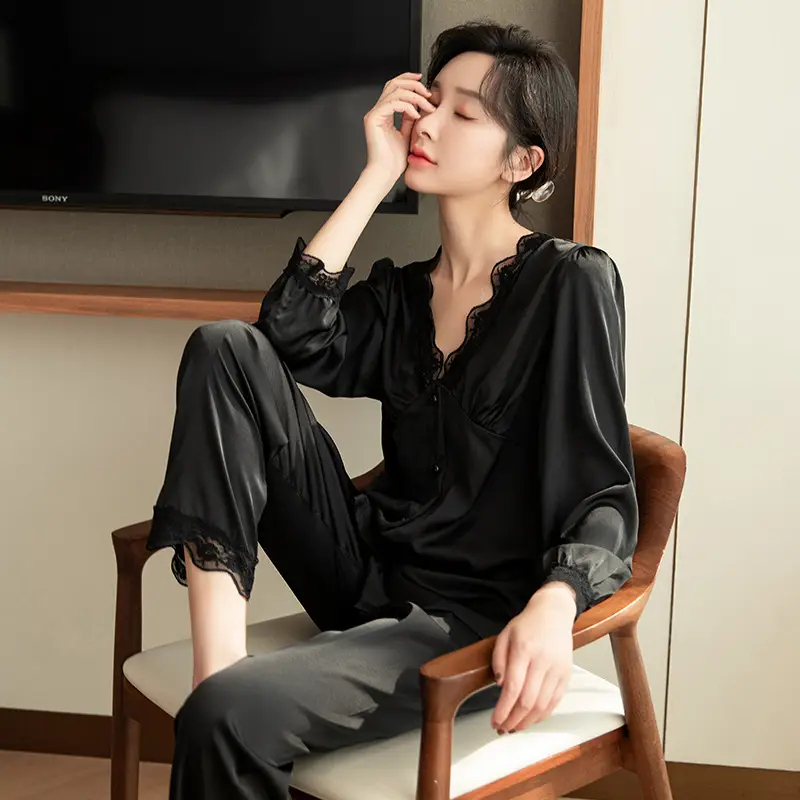 Red Satin Long Sleeve Silk Pajama for Women - Image 3