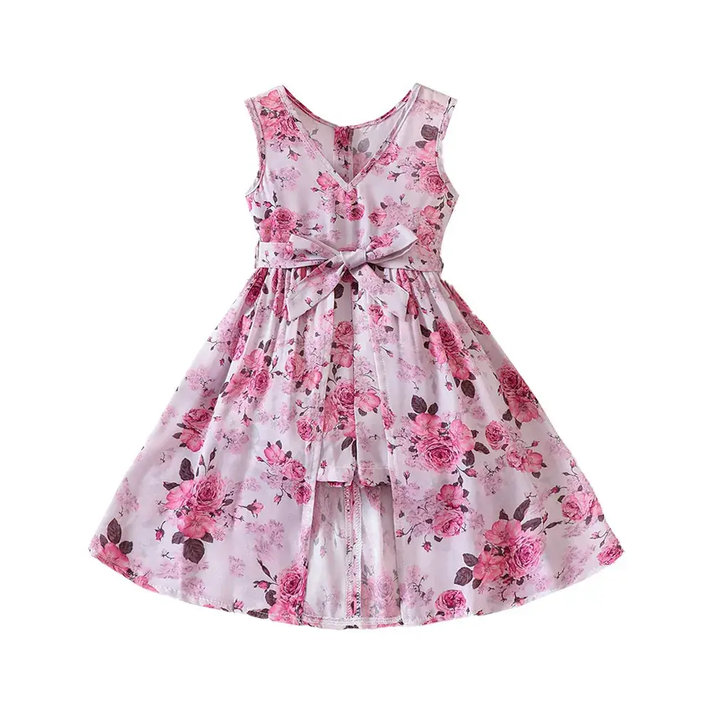 Pink Floral Sleeveless Skirt for Young Girls